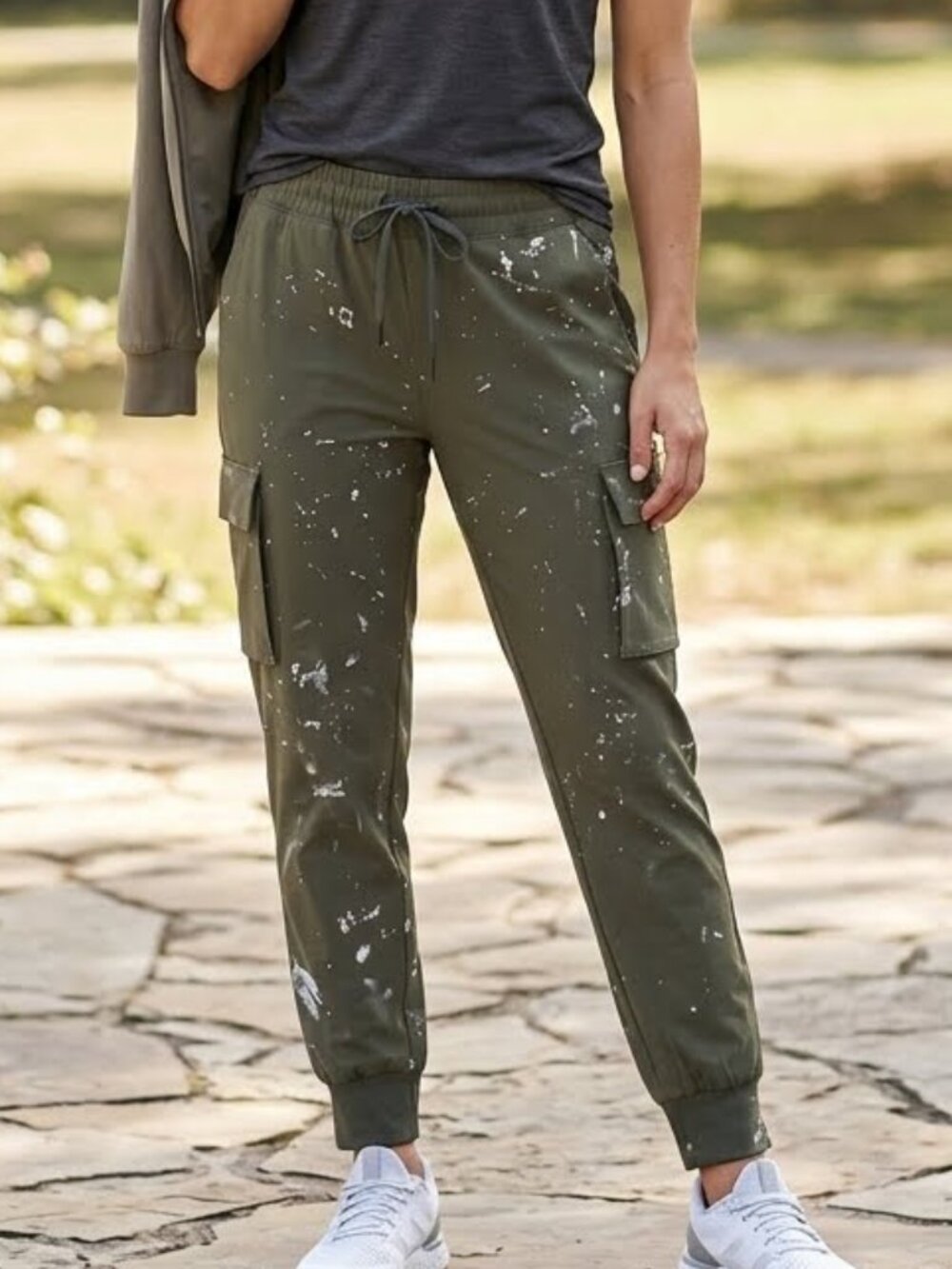 90 Degree Woman's Army Green Paint-Splatter Cargo Jogger Utility Pants Size L